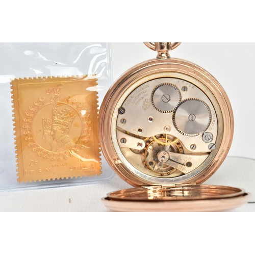 85 - A 9CT THOMAS RUSSELL & SON POCKET WATCH AND A GILT STAMP, plain polished full hunter pocket watch, r... 