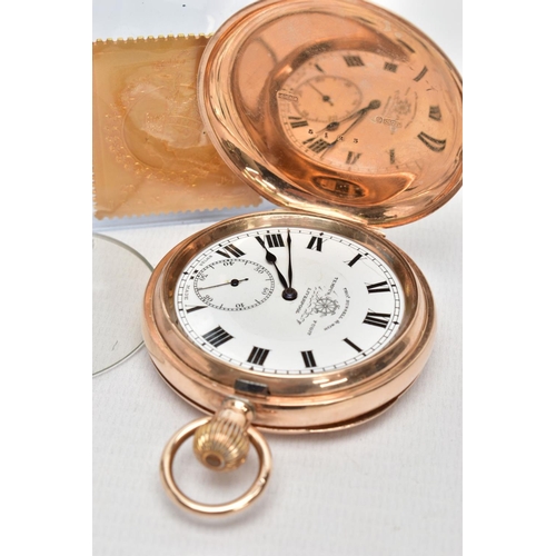 85 - A 9CT THOMAS RUSSELL & SON POCKET WATCH AND A GILT STAMP, plain polished full hunter pocket watch, r... 