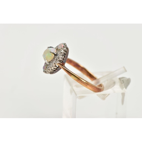 88 - A ROSE METAL OPAL AND DIAMOND RING, a navette shaped cluster ring, set with three circular opals and... 