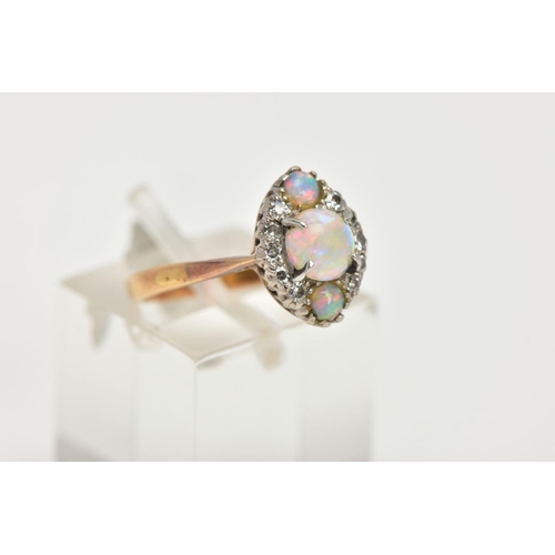 88 - A ROSE METAL OPAL AND DIAMOND RING, a navette shaped cluster ring, set with three circular opals and... 