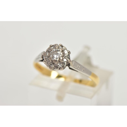 95 - AN 18CT GOLD DIAMOND CLUSTER RING, nine round brilliant cut diamonds in a floral cluster, set into w... 