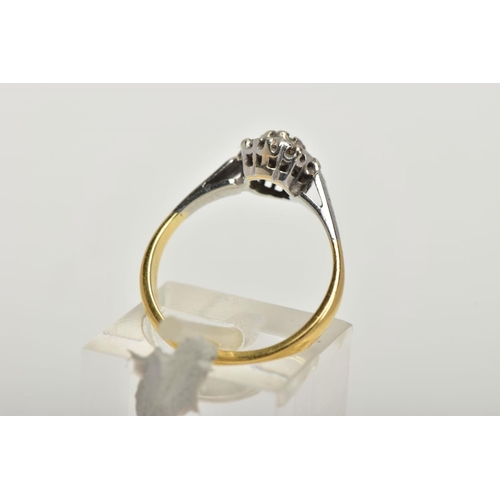 95 - AN 18CT GOLD DIAMOND CLUSTER RING, nine round brilliant cut diamonds in a floral cluster, set into w... 