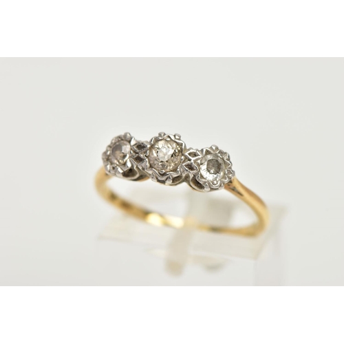 96 - A THREE STONE DIAMOND RING, three old cut diamonds set in a white metal illusion setting, approximat... 