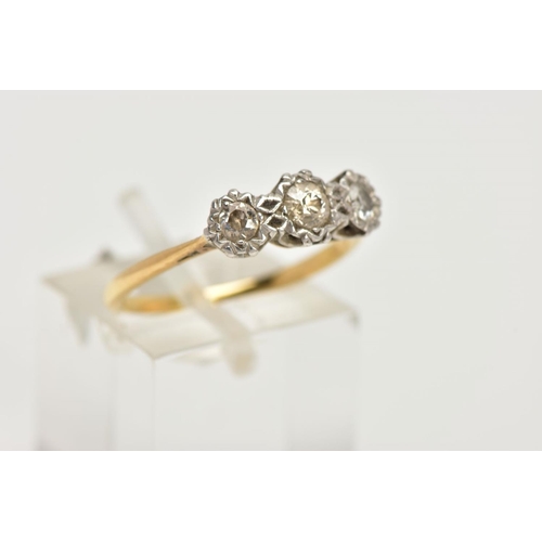 96 - A THREE STONE DIAMOND RING, three old cut diamonds set in a white metal illusion setting, approximat... 