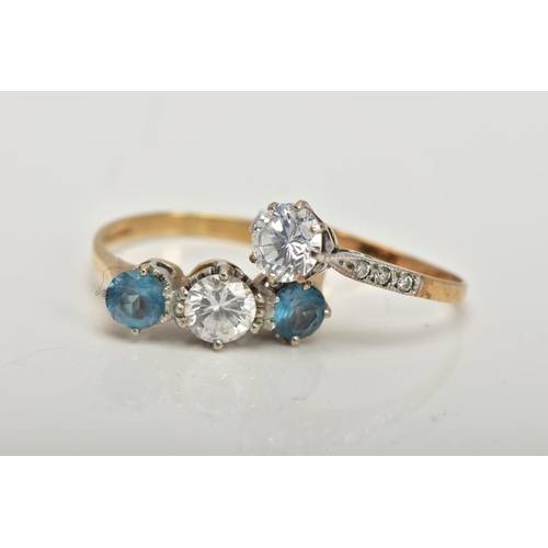 97 - TWO 9CT GOLD GEMSET RINGS, the first a three stone ring set with two circular cut blue stones, asses... 