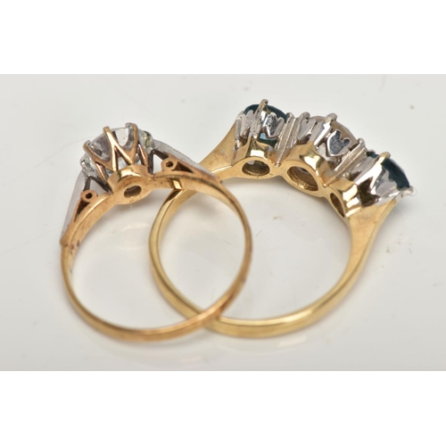 97 - TWO 9CT GOLD GEMSET RINGS, the first a three stone ring set with two circular cut blue stones, asses... 