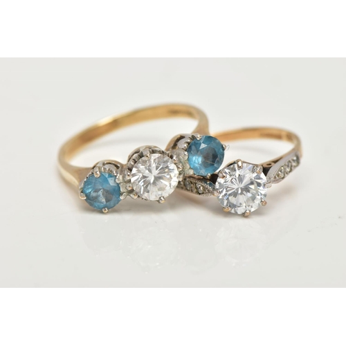 97 - TWO 9CT GOLD GEMSET RINGS, the first a three stone ring set with two circular cut blue stones, asses... 