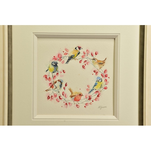 397 - AMANDA GORDON (BRITISH CONTEMPORARY) 'BIRD AND BERRY GARLAND', Finches, Bluetits and a Robin on a re... 