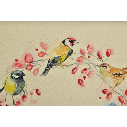 397 - AMANDA GORDON (BRITISH CONTEMPORARY) 'BIRD AND BERRY GARLAND', Finches, Bluetits and a Robin on a re... 