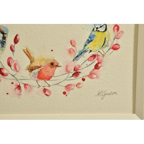 397 - AMANDA GORDON (BRITISH CONTEMPORARY) 'BIRD AND BERRY GARLAND', Finches, Bluetits and a Robin on a re... 