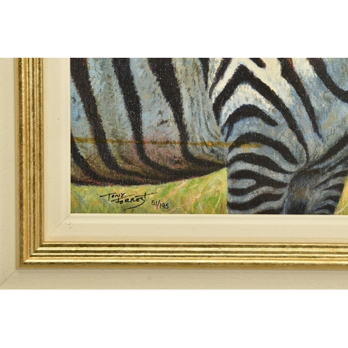 409 - TONY FORREST (BRITISH 1961) 'NEAREST AND DEAREST', a signed limited edition print of zebras 51/195, ... 