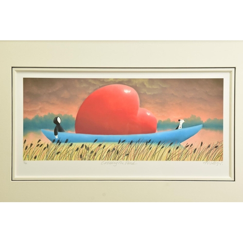 414 - MACKENZIE THORPE (BRITISH 1957) 'CROSSING THE POND', a signed limited edition print of a figure, a d... 