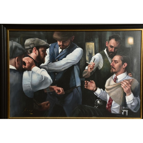 418 - VINCENT KAMP (BRITISH CONTEMPORARY) 'THE BETRAYAL' a limited edition print of male figures in a barb... 