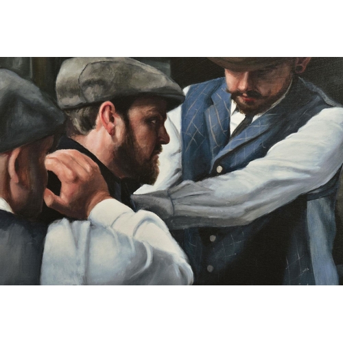 418 - VINCENT KAMP (BRITISH CONTEMPORARY) 'THE BETRAYAL' a limited edition print of male figures in a barb... 