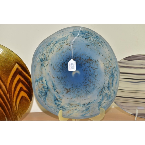 435 - THREE STUDIO GLASS CHARGERS, comprising a Karen Lawrence frosted and mottled blue/brown example, uns... 