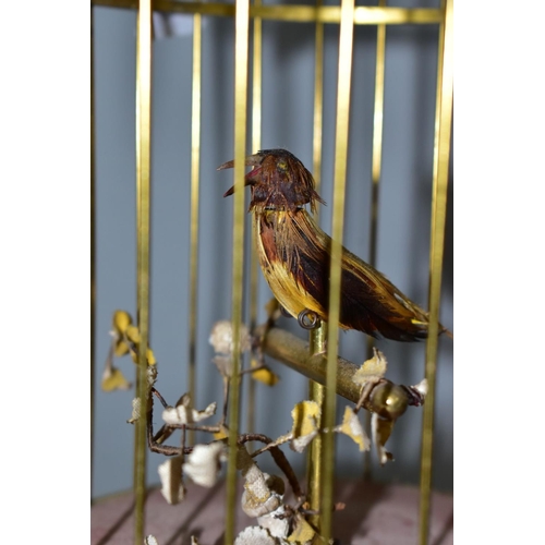 436 - A REPRODUCTION AUTOMATON SINGING BIRD IN A BRASS CAGE, fitted with a hanging loop, embossed decorati... 