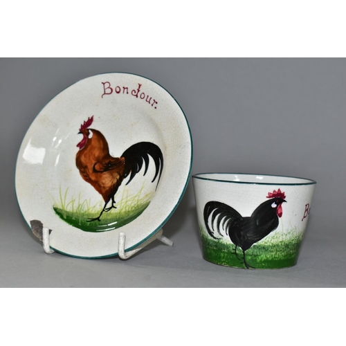 438 - A WEYMSS 'BONJOUR' SUGAR BOWL AND PLATE, both painted with cockerels, both bear printed oval retaile... 