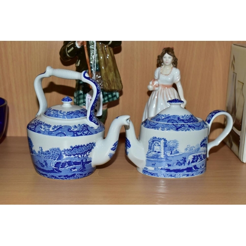 444 - TWO ROYAL DOULTON FIGURES, A BORDER FINE ARTS SCULPTURE AND TWO SPODE 'ITALIAN' MINIATURE PIECES, th... 