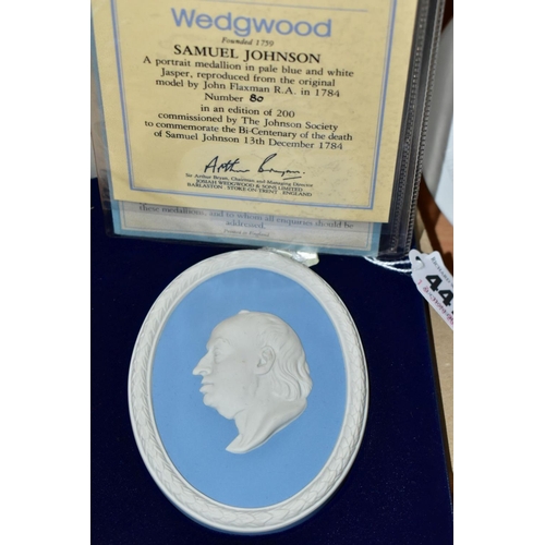 447 - A BOXED AND CASED LIMITED EDITION WEDGWOOD WHITE ON PALE BLUE MEDALLION OF SAMUEL JOHNSON, made to c... 