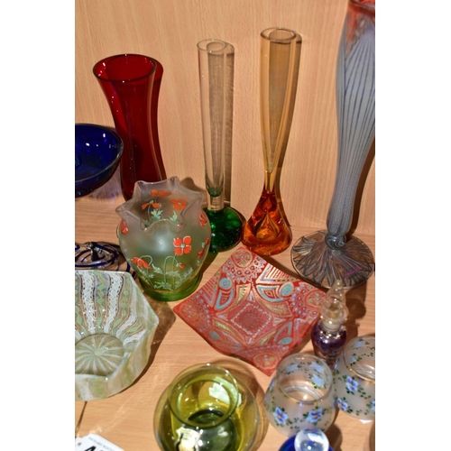 449 - A COLLECTION OF SIXTEEN PIECES OF 20TH CENTURY COLOURED GLASSWARE, including a hexagonal footed bowl... 