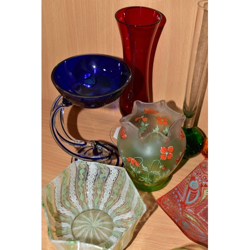 449 - A COLLECTION OF SIXTEEN PIECES OF 20TH CENTURY COLOURED GLASSWARE, including a hexagonal footed bowl... 