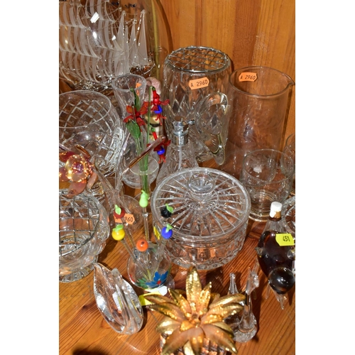 451 - A GROUP OF ASSORTED GLASSWARE, including a Swarovski pineapple, height 10.5cm, a glass ship in a bot... 