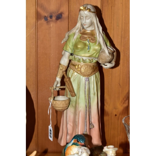 452 - A 'ROYAL VIENNA' ART NOUVEAU STYLE FIGURE OF A MAIDEN  AND FOUR OTHER CERAMIC ITEMS, the Royal Vienn... 