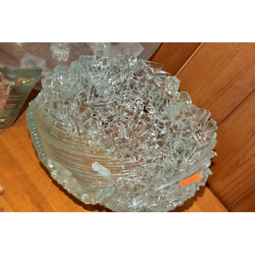 455 - EIGHT PIECES OF STUDIO GLASS, including a Lara Aldridge circular frosted glass platter with abstract... 