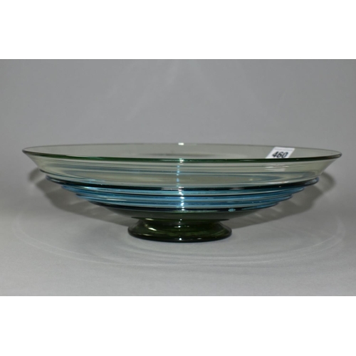 460 - A WHITEFRIARS BLUE AND GREEN CIRCULAR BOWL WITH STEPPED EXTERIOR, on a short pedestal foot, the cent... 