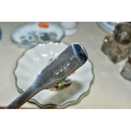 464 - A GEORGE III SILVER FIDDLE PATTERN TABLESPOON AND A GROUP OF GLASS, CERAMICS, ETC, including two lat... 