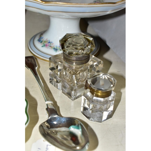 464 - A GEORGE III SILVER FIDDLE PATTERN TABLESPOON AND A GROUP OF GLASS, CERAMICS, ETC, including two lat... 