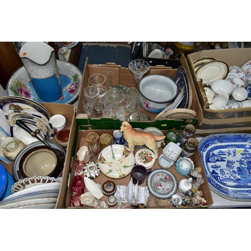 470 - FOUR BOXES AND LOOSE CERAMICS AND GLASSWARES, to include two Royal Crown Derby white square trinket ... 