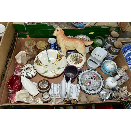 470 - FOUR BOXES AND LOOSE CERAMICS AND GLASSWARES, to include two Royal Crown Derby white square trinket ... 