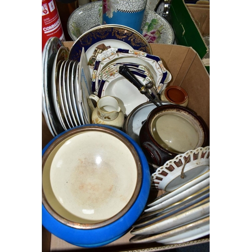 470 - FOUR BOXES AND LOOSE CERAMICS AND GLASSWARES, to include two Royal Crown Derby white square trinket ... 