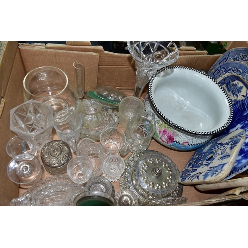 470 - FOUR BOXES AND LOOSE CERAMICS AND GLASSWARES, to include two Royal Crown Derby white square trinket ... 