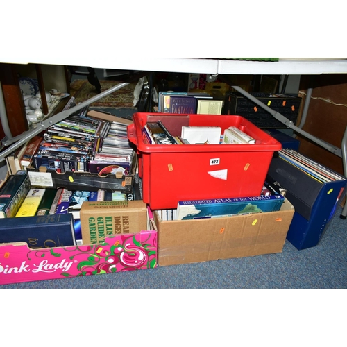 472 - TEN BOXES OF BOOKS, RECORDS, CDS, DVDS AND VHS TAPES, over one hundred books with titles to include ... 