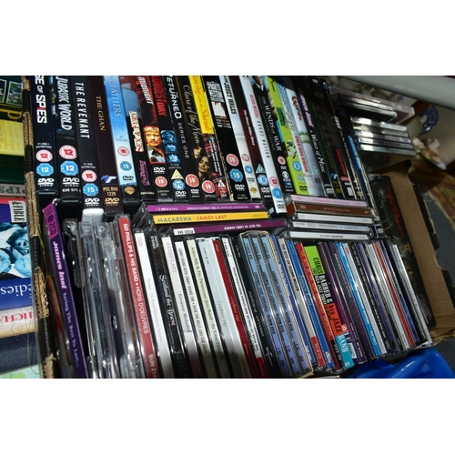 472 - TEN BOXES OF BOOKS, RECORDS, CDS, DVDS AND VHS TAPES, over one hundred books with titles to include ... 