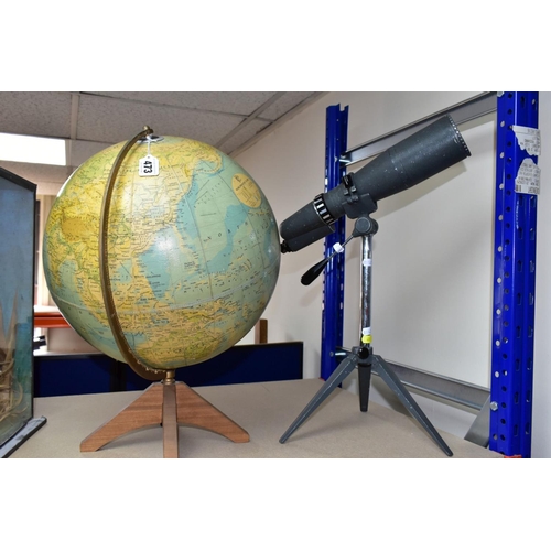 473 - A TABLE GLOBE AND A SPOTTING SCOPE WITH TRIPOD, comprising a George Philip & Son Ltd Worldmaster tab... 