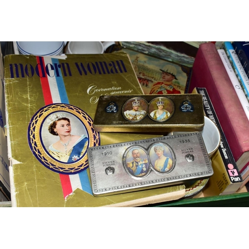 482 - A BOX OF ROYAL COMMEMORATIVES AND OTHER ITEMS RELATING TO THE ROYAL FAMILY, to include two copies of... 