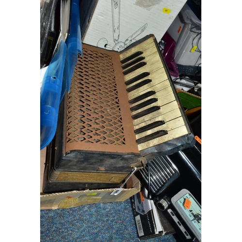 485 - THREE BOXES AND LOOSE ACCORDIAN, ELECTRICAL, FISHING AND SUNDRY ITEMS, to include a Hohner Carmen 1 ... 