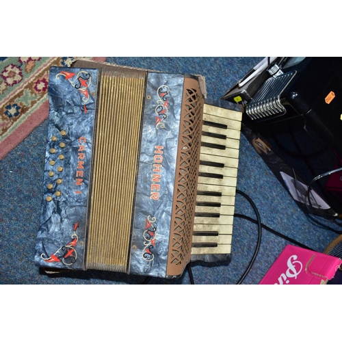 485 - THREE BOXES AND LOOSE ACCORDIAN, ELECTRICAL, FISHING AND SUNDRY ITEMS, to include a Hohner Carmen 1 ... 