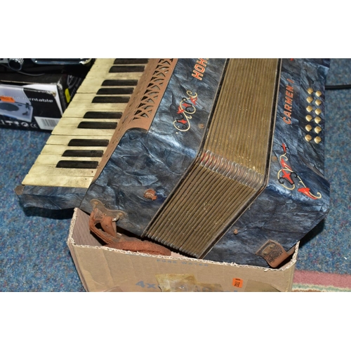 485 - THREE BOXES AND LOOSE ACCORDIAN, ELECTRICAL, FISHING AND SUNDRY ITEMS, to include a Hohner Carmen 1 ... 