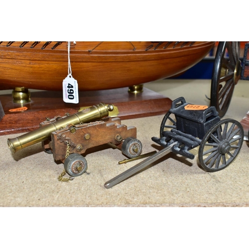 490 - A MODEL OF HMS BOUNTY AND MODEL CANNONS, a late twentieth century wooden model ship by Maquettes P. ... 