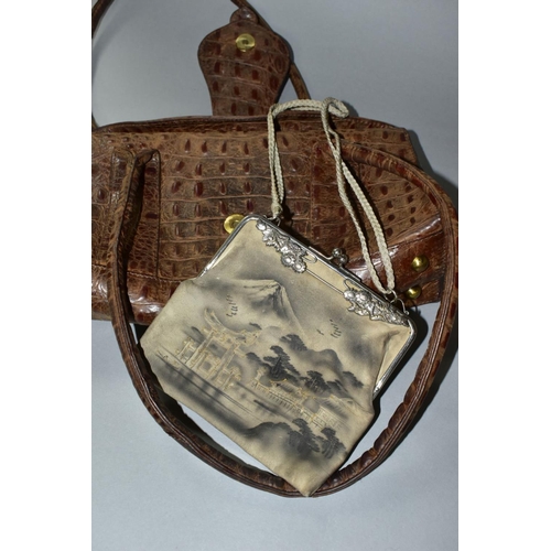 499 - A LEATHER EVENING BAG WITH PAINTED JAPANESE SCENE AND A PELL-MELL HANDBAG, the evening bag containin... 