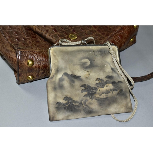 499 - A LEATHER EVENING BAG WITH PAINTED JAPANESE SCENE AND A PELL-MELL HANDBAG, the evening bag containin... 