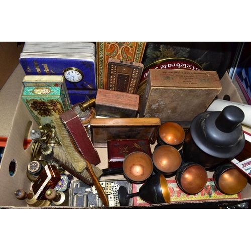 502 - A BOX AND LOOSE METALWARES, TREEN AND SUNDRY ITEMS, to include a mid-twentieth century black lacquer... 