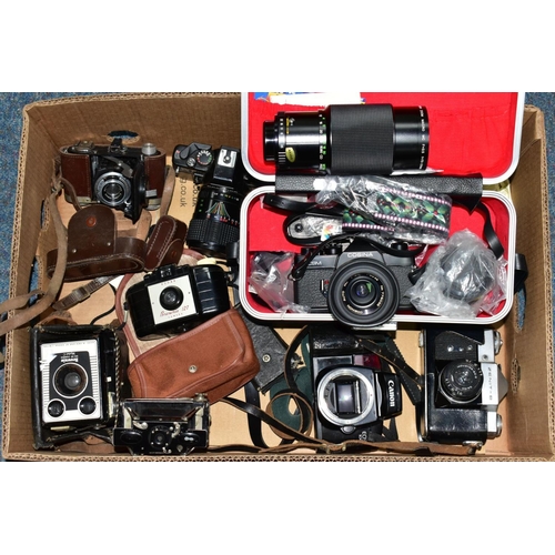 504 - A BOX OF CAMERAS AND PHOTOGRAPHIC EQUIPMENT, to include a Cosina CSM 35mm camera fitted with a Cosin... 