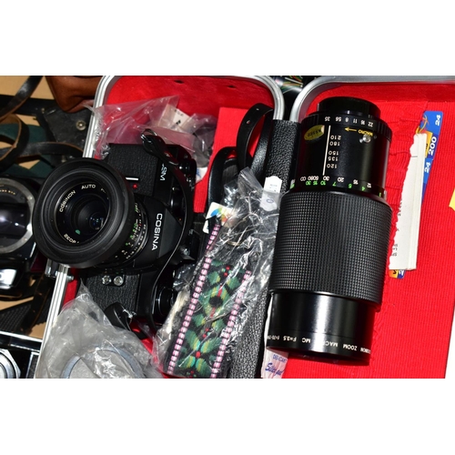 504 - A BOX OF CAMERAS AND PHOTOGRAPHIC EQUIPMENT, to include a Cosina CSM 35mm camera fitted with a Cosin... 