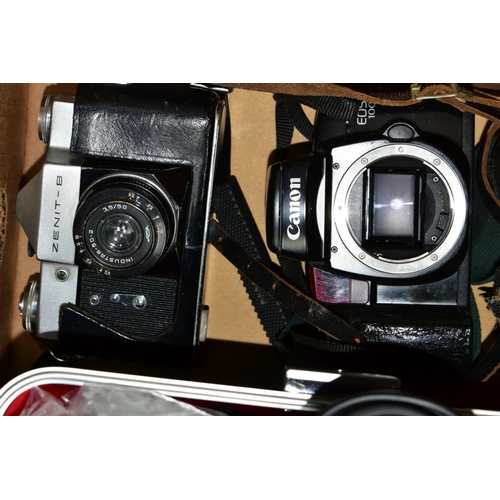 504 - A BOX OF CAMERAS AND PHOTOGRAPHIC EQUIPMENT, to include a Cosina CSM 35mm camera fitted with a Cosin... 