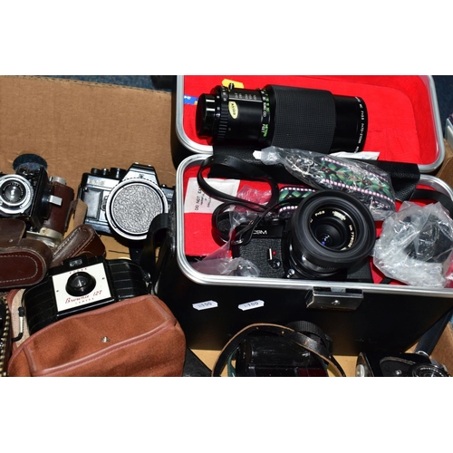 504 - A BOX OF CAMERAS AND PHOTOGRAPHIC EQUIPMENT, to include a Cosina CSM 35mm camera fitted with a Cosin... 